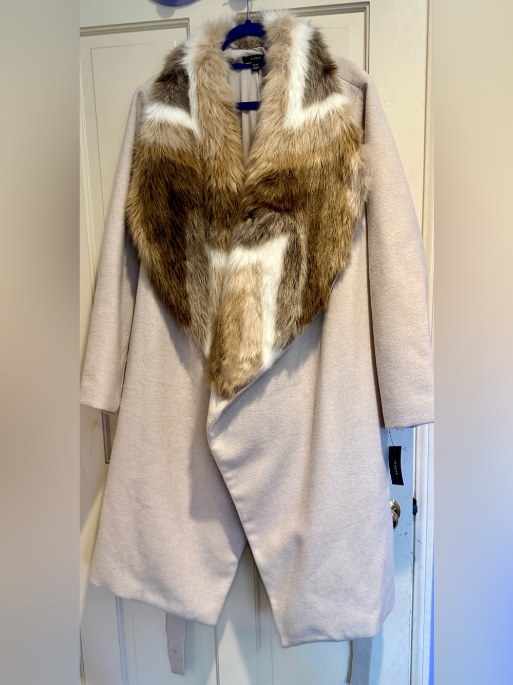Alfani Cream Tie-Waist Trench Coat with Faux Fur Collar